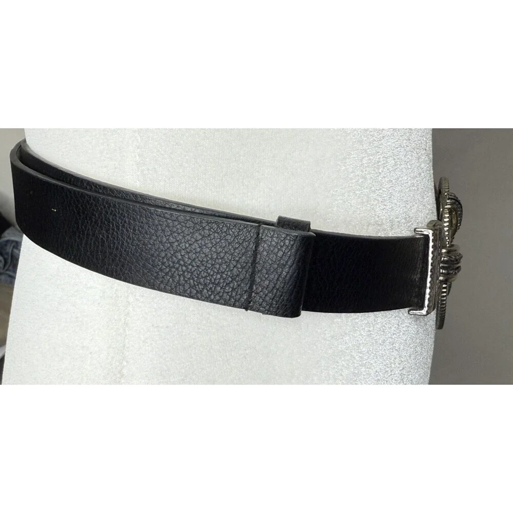 Chico's Black Leather Adjustable Belt Silver Hook Buckle Size M/L Retro Y2K